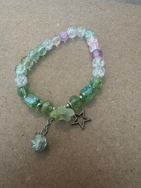 Handmade Green Multi-Color Beaded Stretch Bracelet with Star Charm